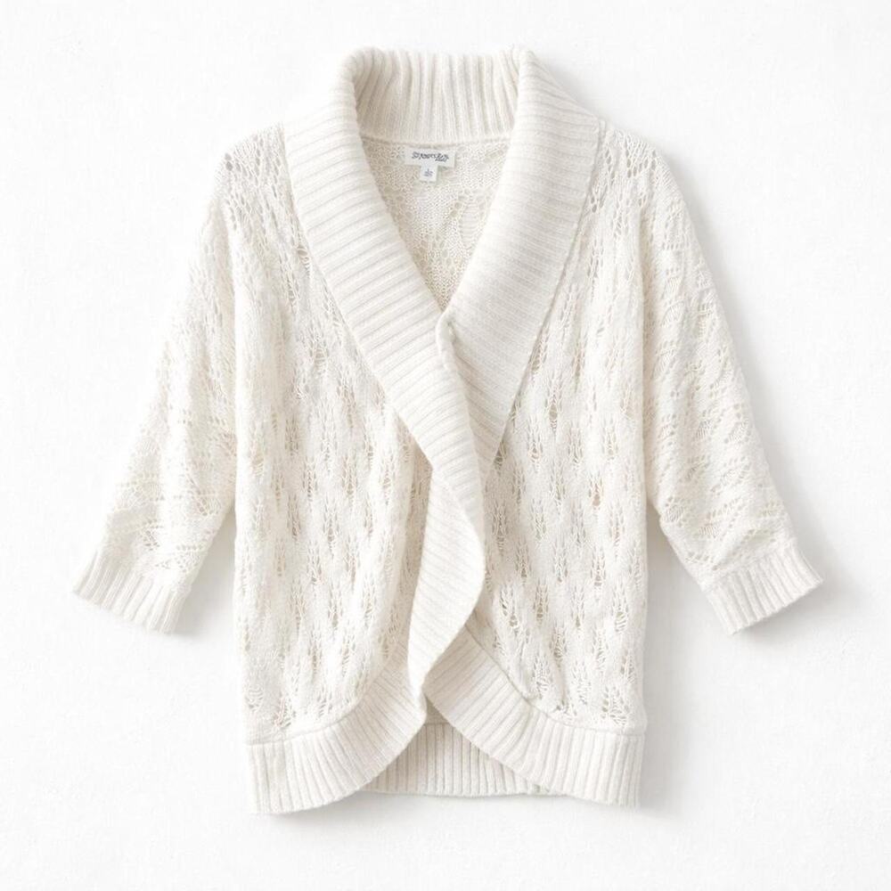 Ruffles Open Knit Cozy Cardigan White Romantic Cottagecore Cotton Ramie sz L